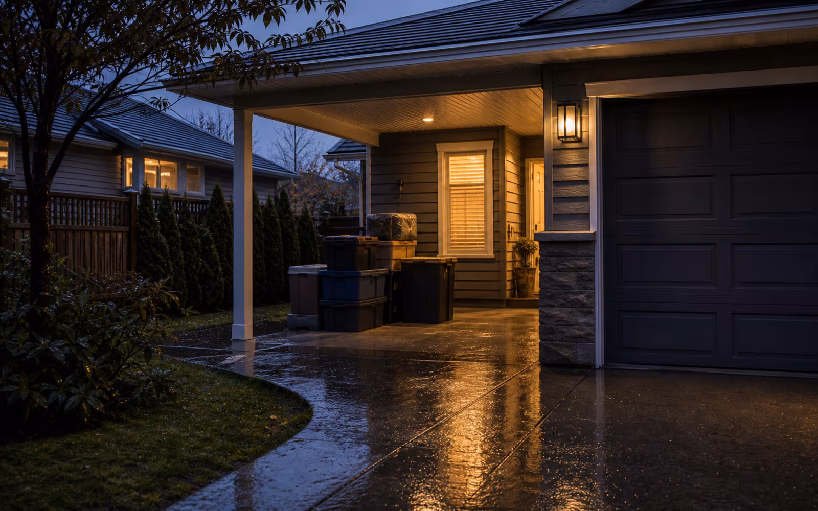 Rainy Canadian carport with stacked moving bins representing sale-delay risk in bridge financing.