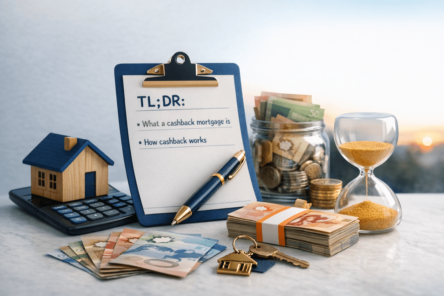 Canadian couple and mortgage advisor comparing cashback mortgage total cost options at sunset