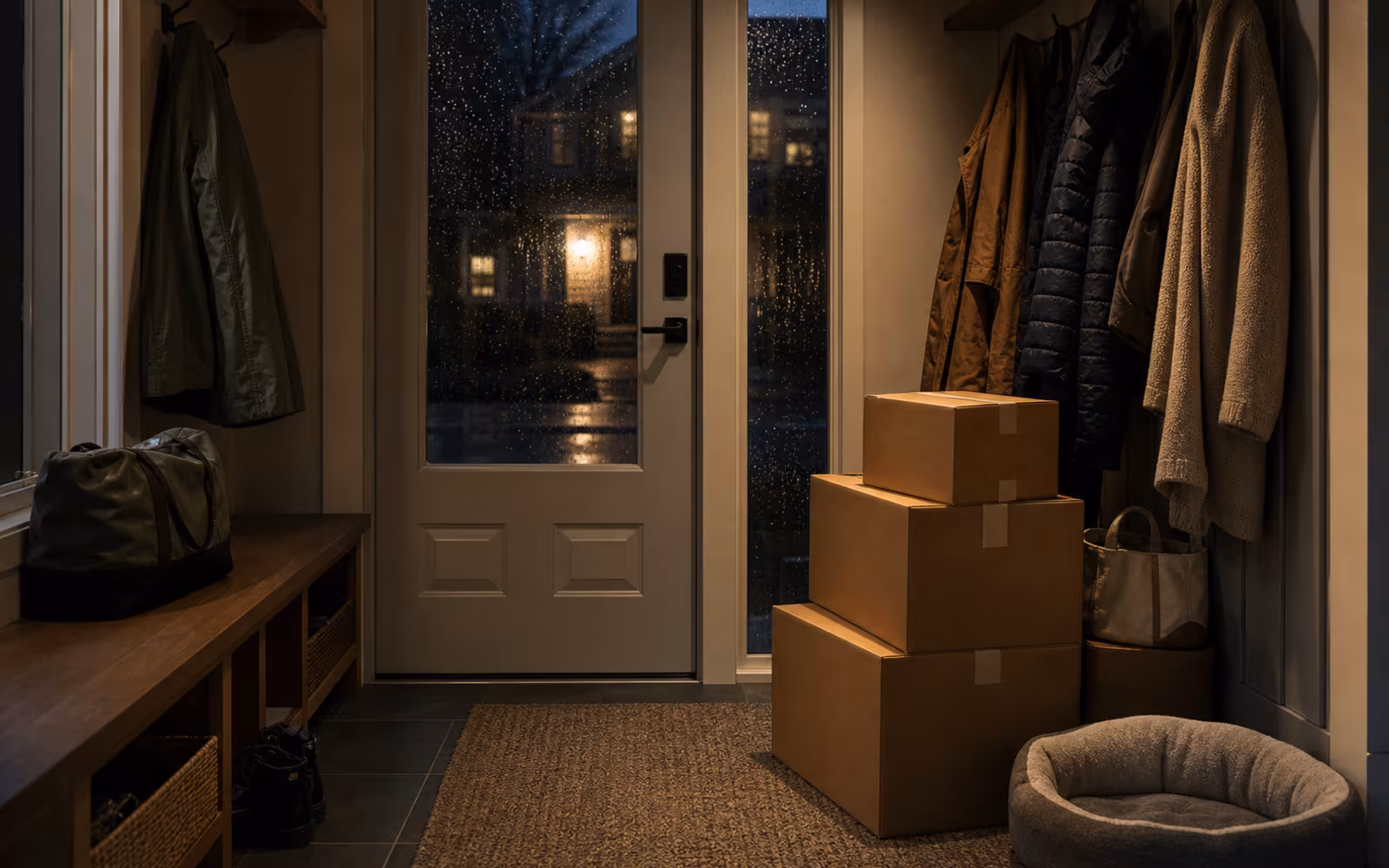 Rainy Canadian entryway with packed boxes representing cashback mortgage clawback risk after an early move.