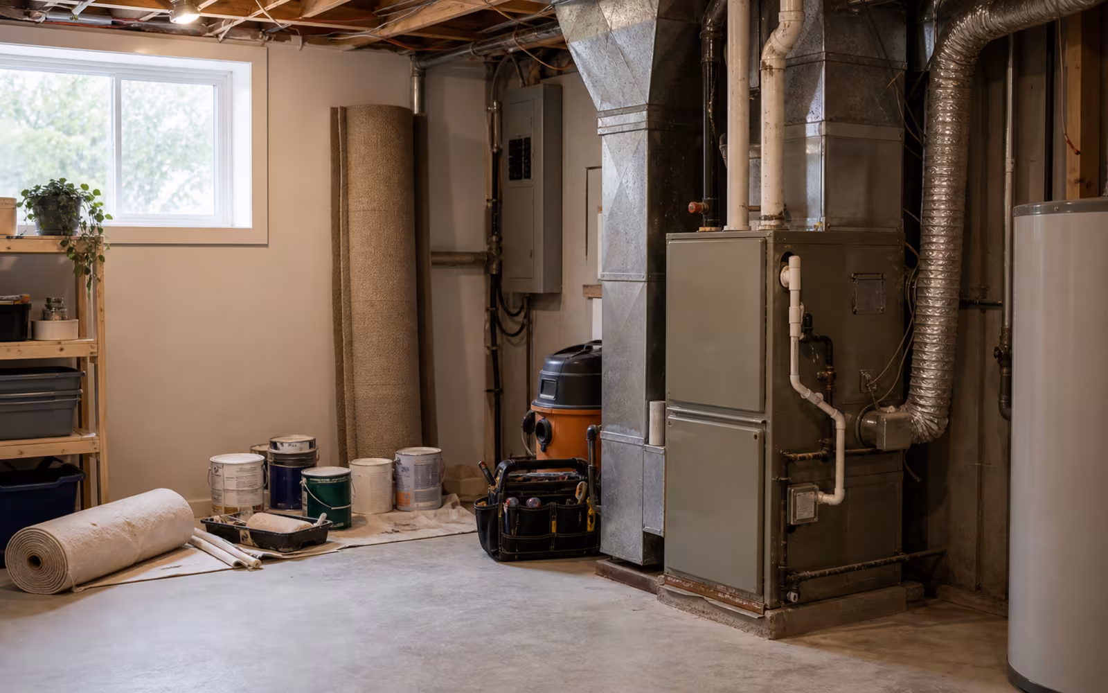 Canadian basement utility room with repair supplies representing essential move-in costs for cashback mortgage planning.