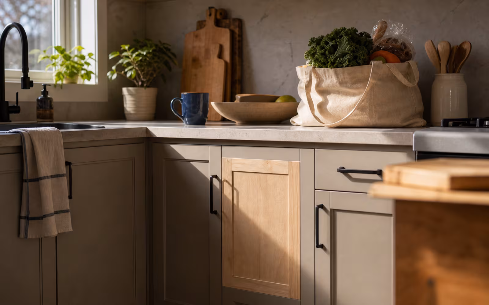 Canadian kitchen with groceries and repaired cabinet representing everyday budget tradeoffs in cashback mortgage math.