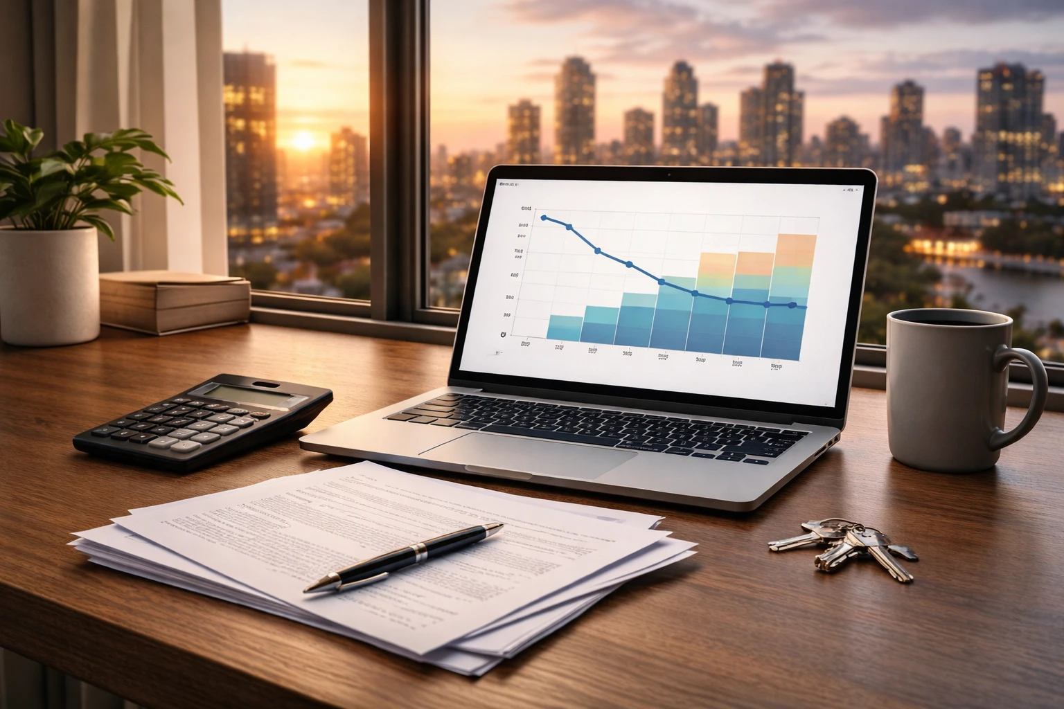 Mortgage planning desk with calculator, keys, and renewal switch cost dashboard at sunset