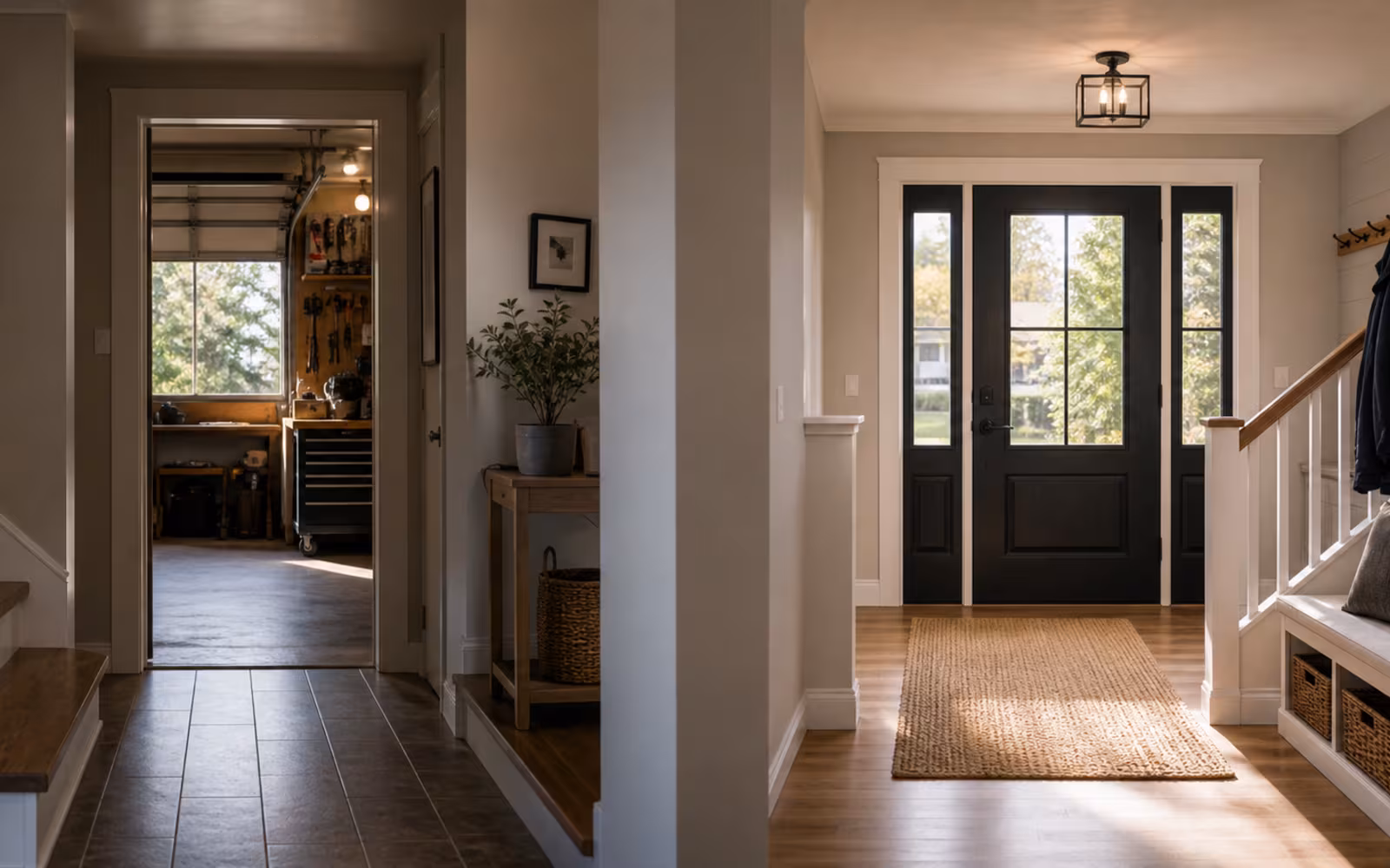 Canadian home hallway with routes toward the garage and front door representing collateral versus standard charge choices.
