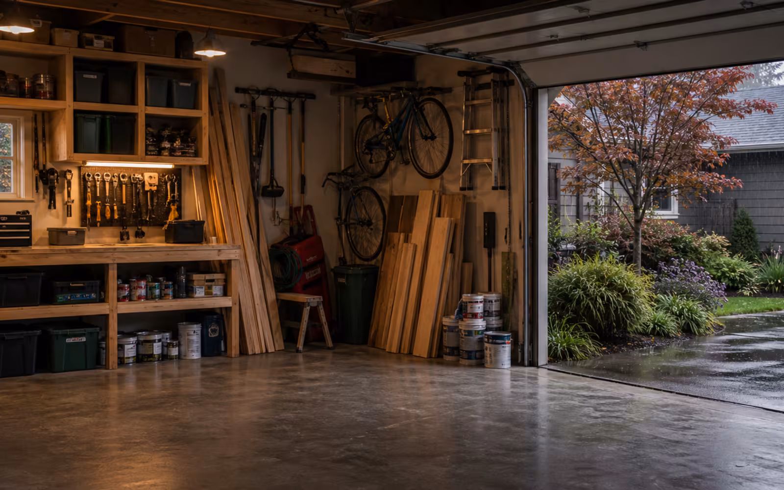 Canadian garage workshop and rainy driveway representing future borrowing flexibility under a collateral charge.