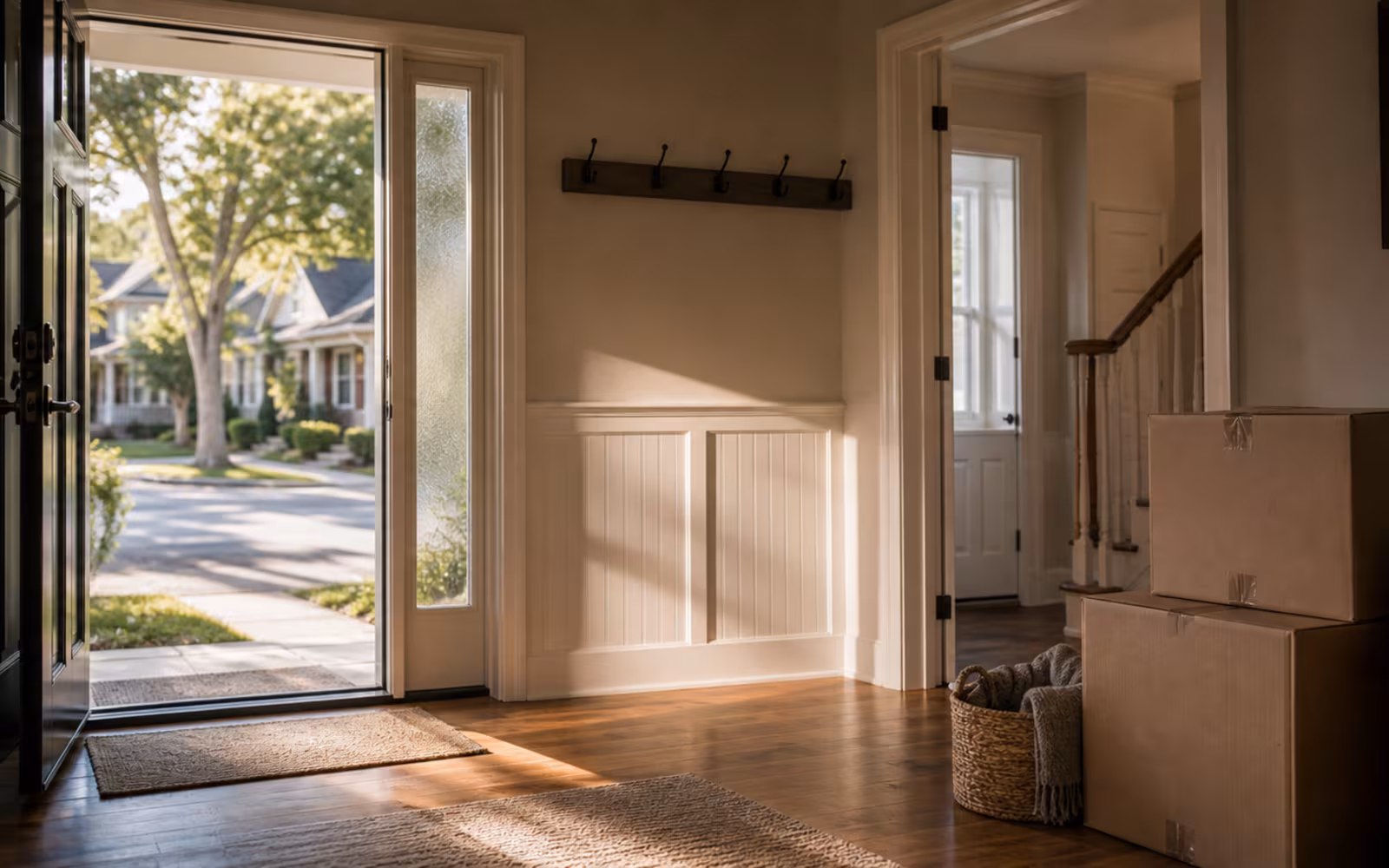 Canadian entryway with moving boxes representing collateral charge switching friction at renewal.
