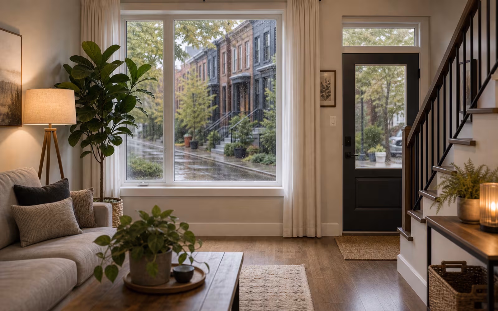 Canadian home interior looking out after rain representing 20 percent down payment and equity for a conventional mortgage.