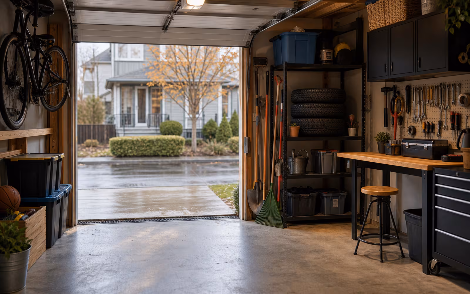 Organized Canadian garage representing conventional mortgage property flexibility and established ownership.
