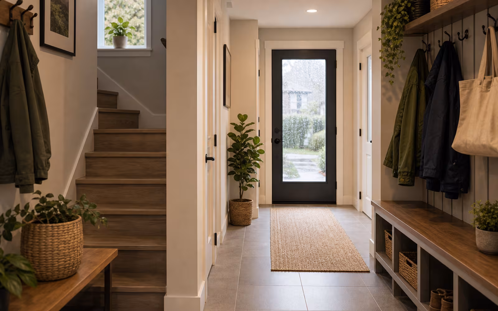 Canadian mudroom with two natural paths representing conventional versus insured mortgage choices.