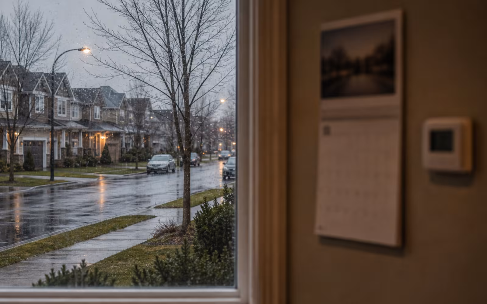 Rainy Canadian street seen from a home interior while comparing fixed mortgage term choices.