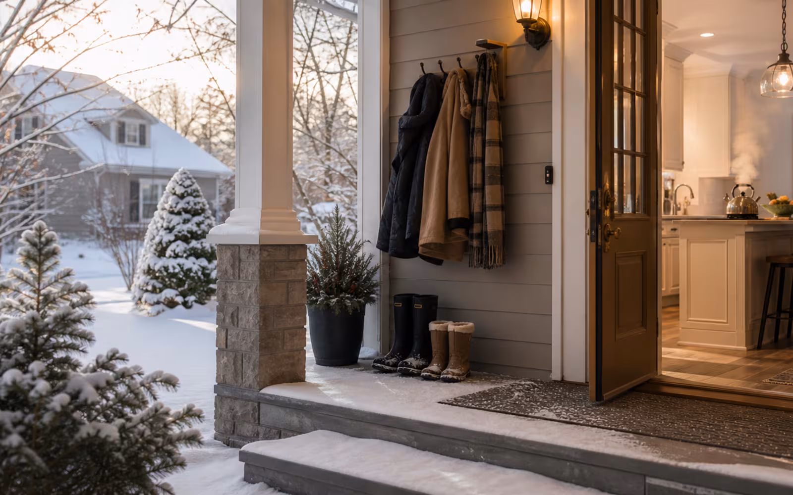 Snowy Canadian home entry with warm interior light representing fixed mortgage payment stability.