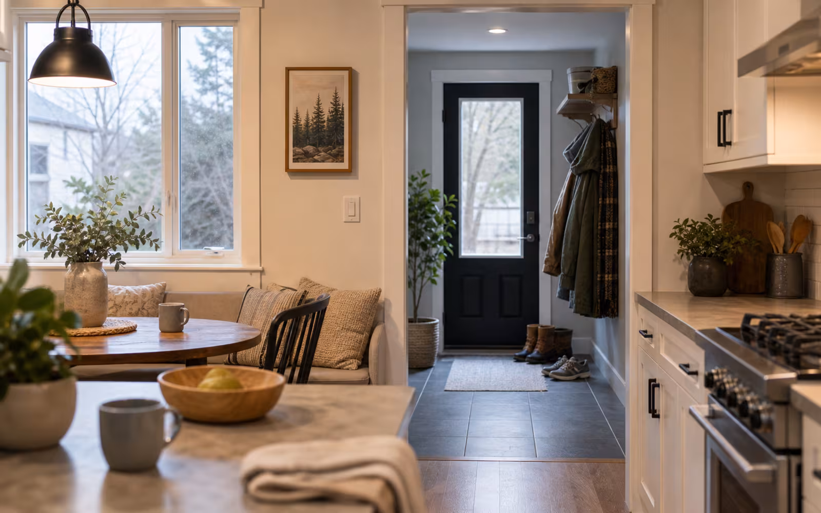 Canadian kitchen and mudroom visible together representing fixed and variable mortgage split choices.