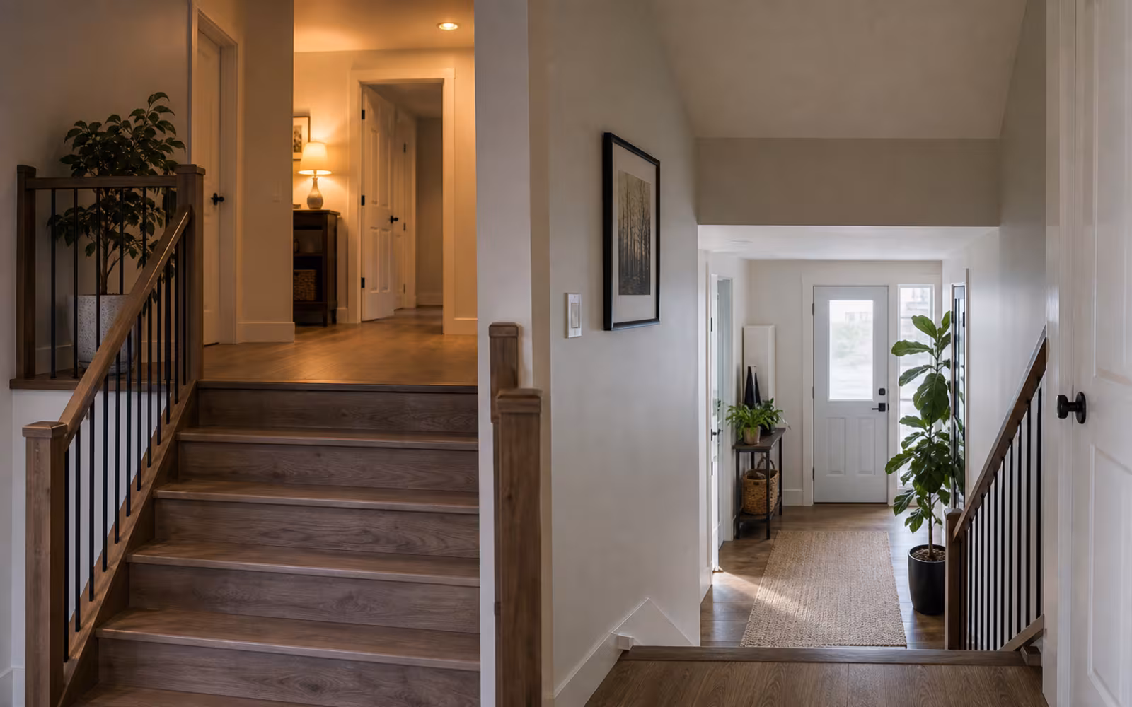 Canadian split-level hallway with different landings representing hybrid mortgage renewal complexity.