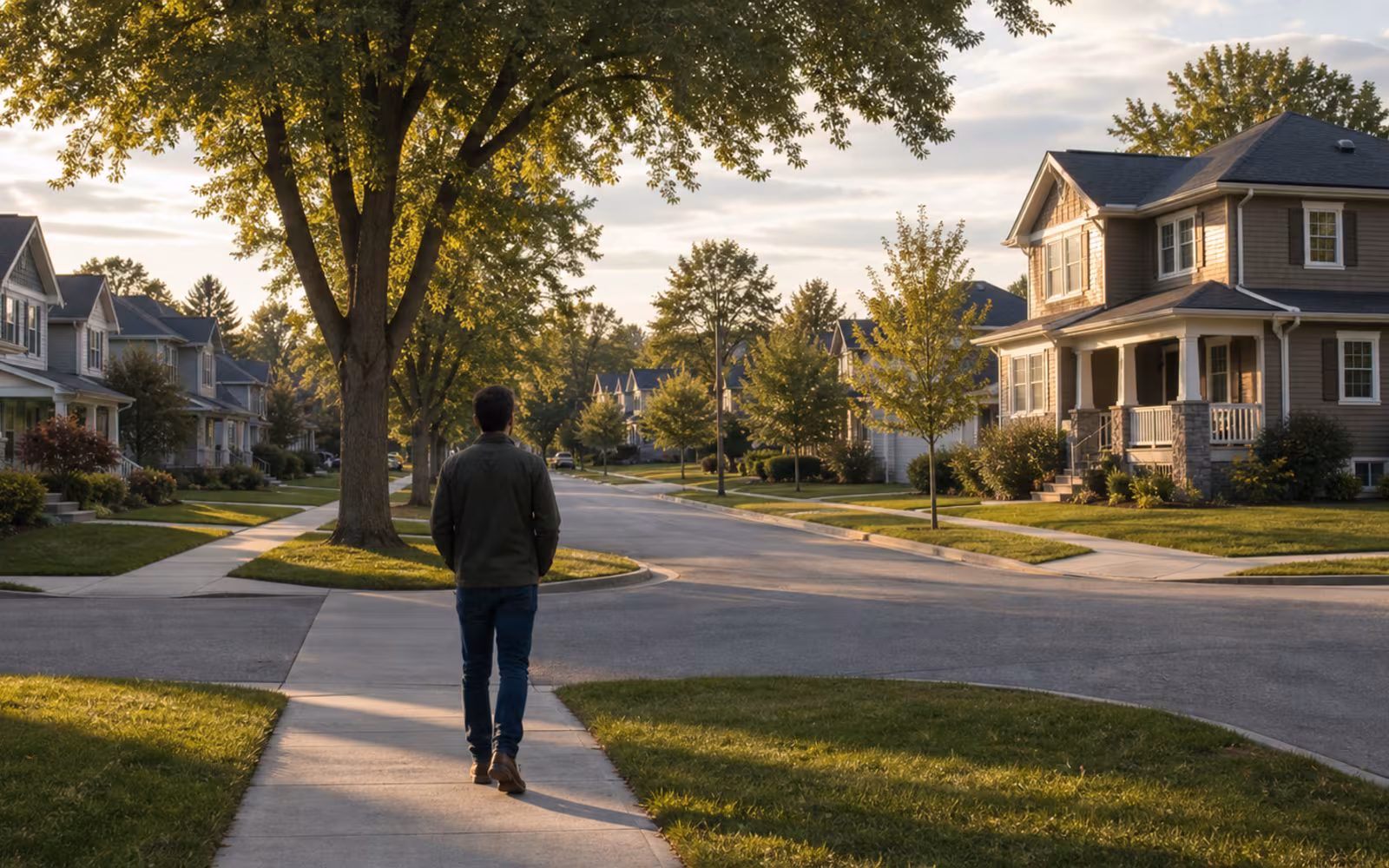 Canadian buyer walking through a residential street while comparing insured and conventional mortgage paths.