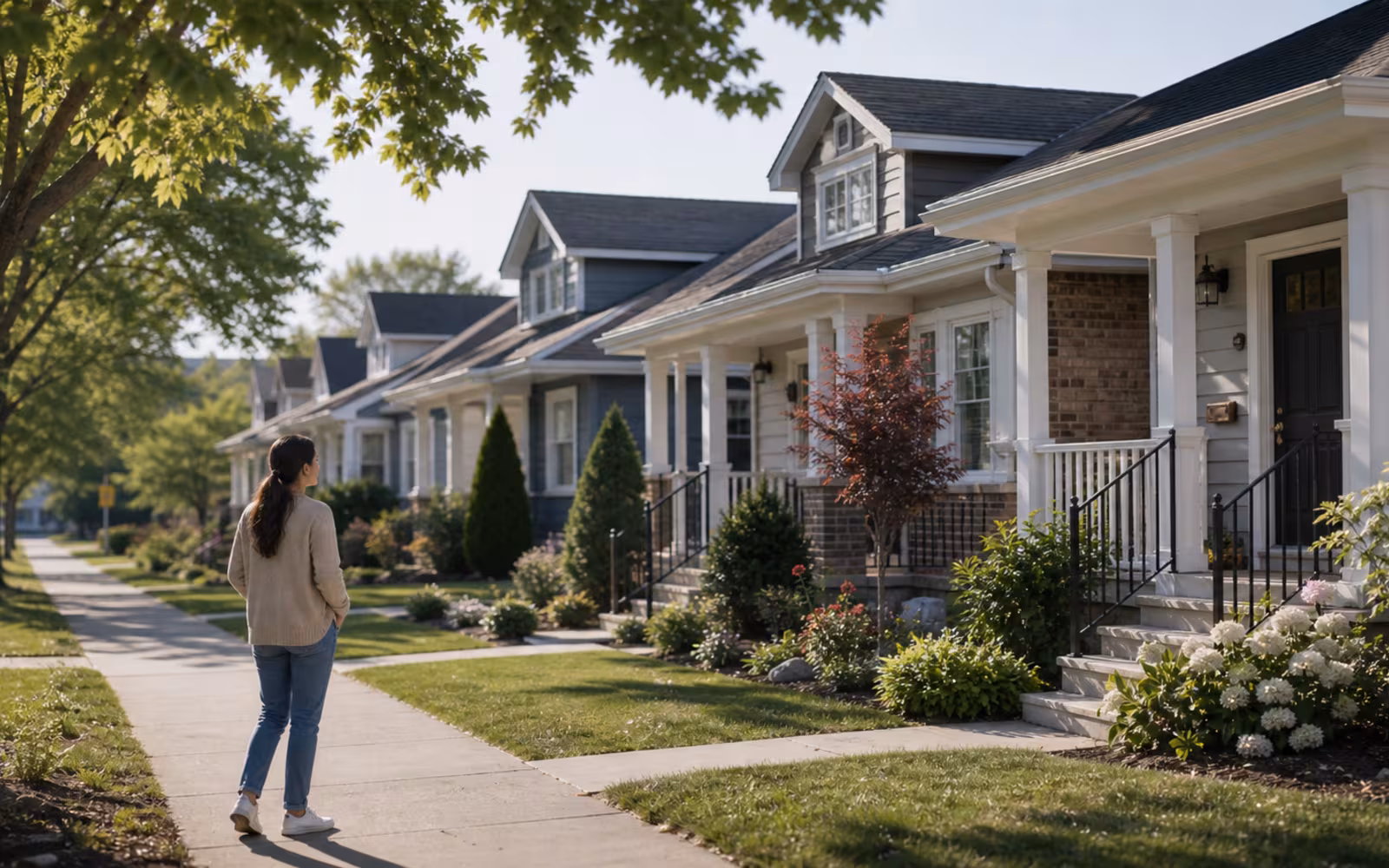 Canadian buyer walking past modest starter homes while comparing insured mortgage down payment rules.