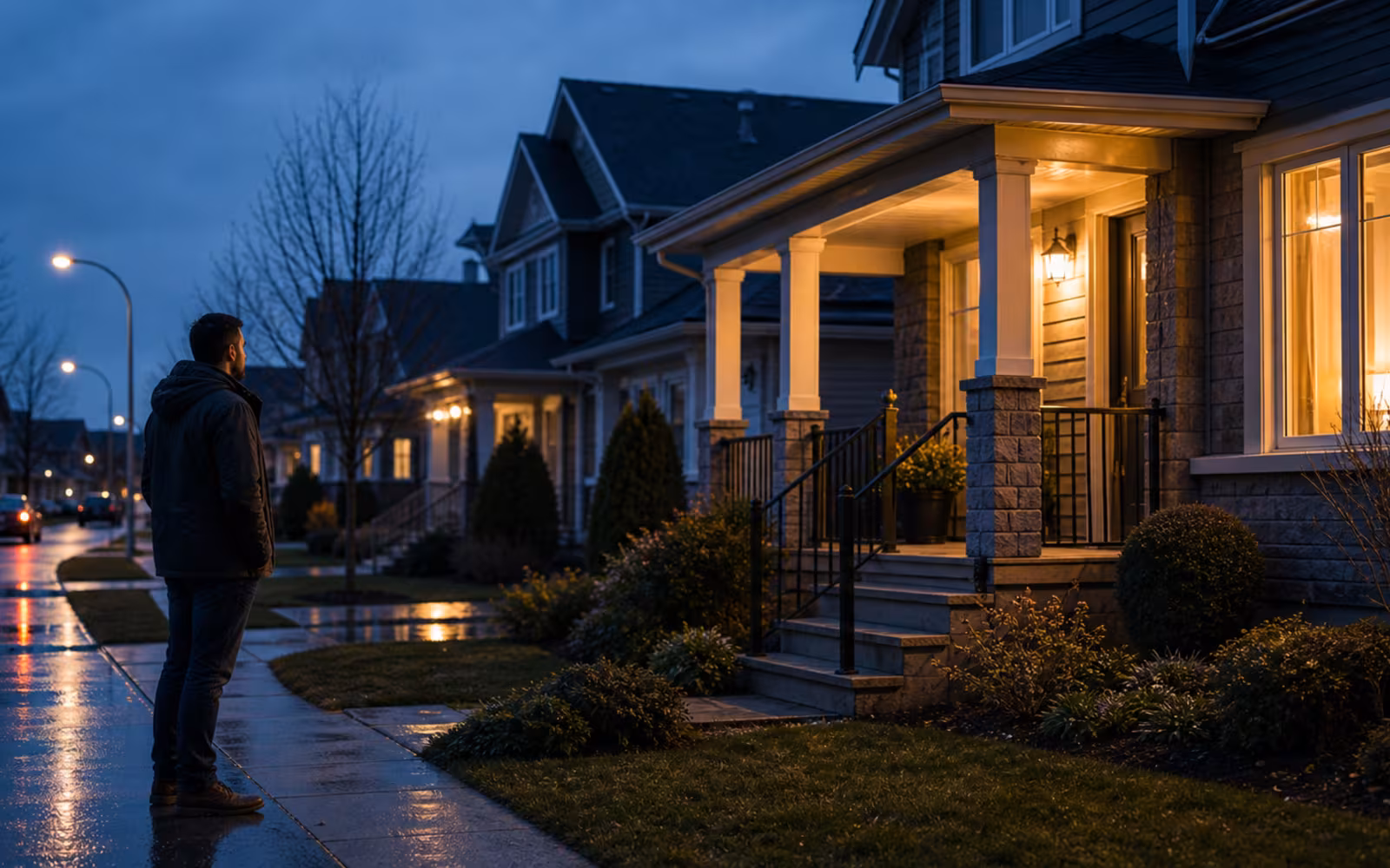 Canadian buyer standing near a starter home at blue hour while considering insured mortgage premium cost.