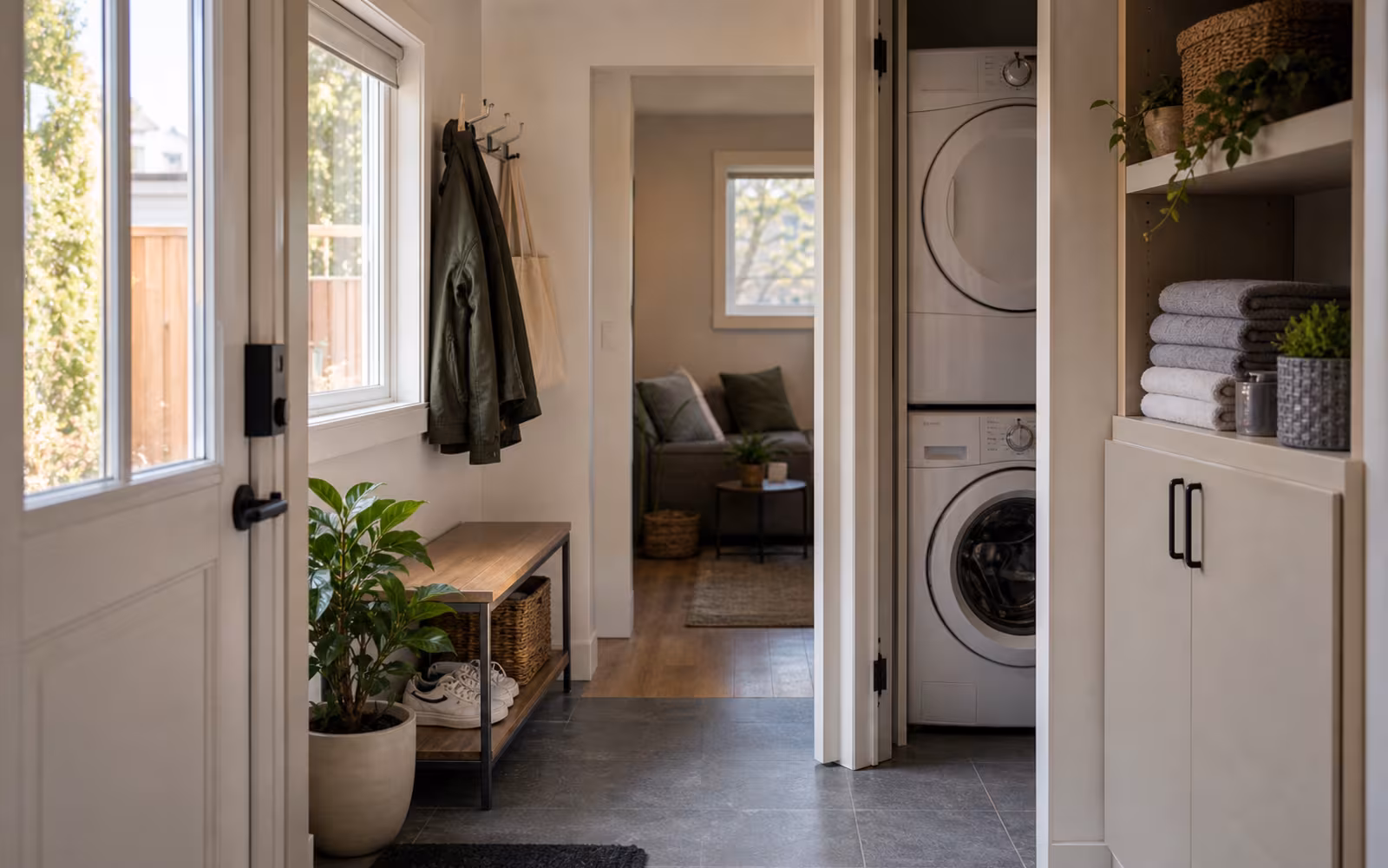 Canadian rental suite entry and laundry area representing short-term interest-only borrowing fit.