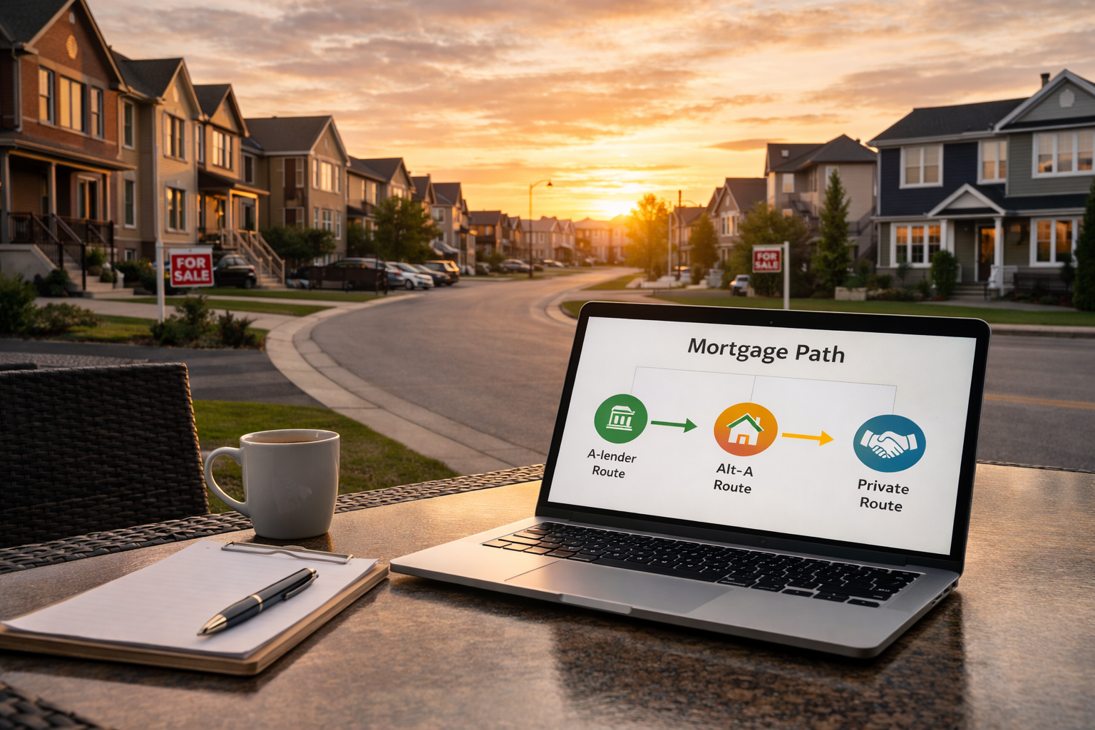 Alternative mortgage pathway planning on a laptop with a Canadian neighborhood at sunset