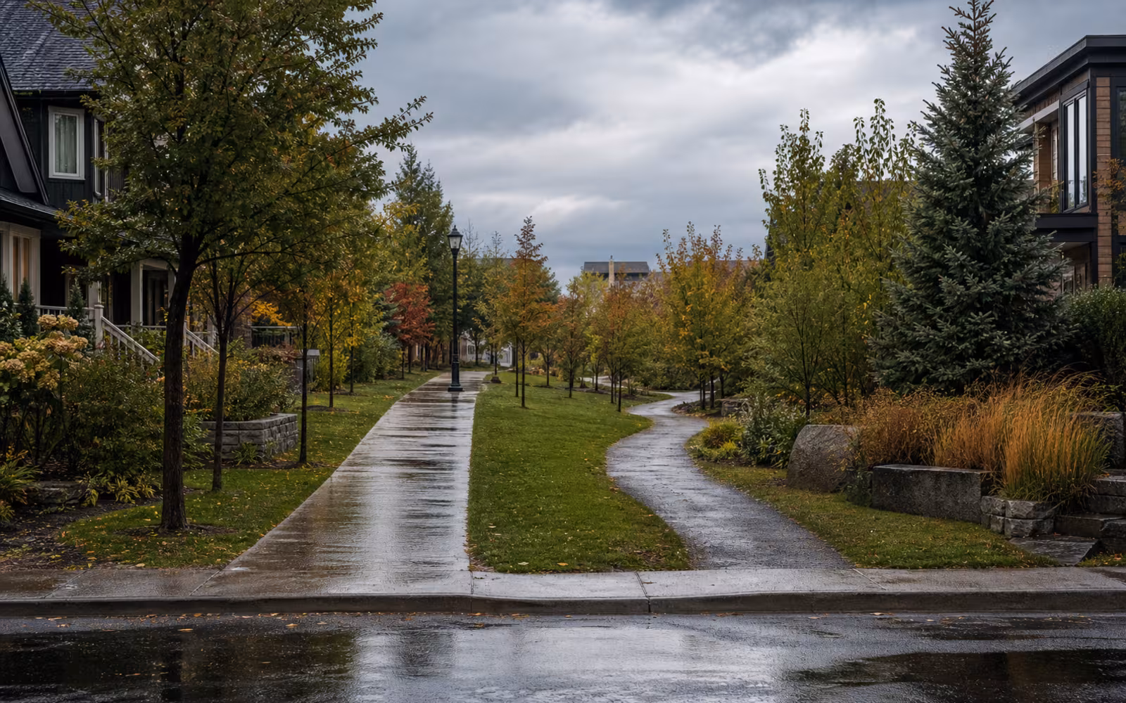 Rainy Canadian neighbourhood path splitting in two directions, representing open and closed mortgage penalty choices.