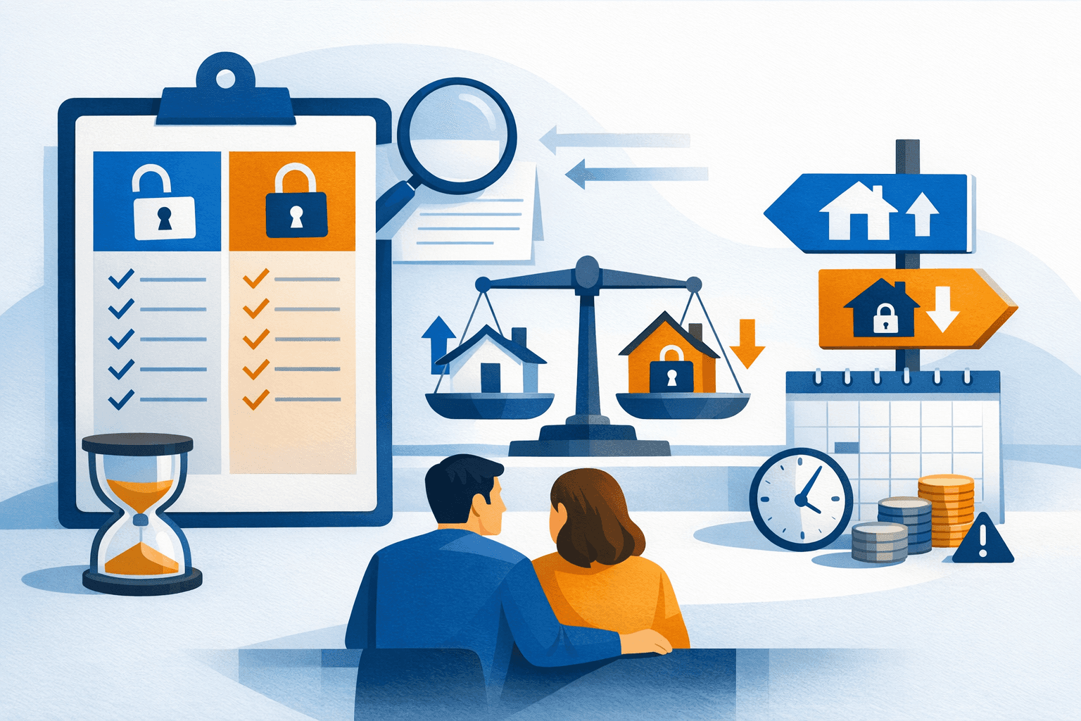 Mortgage advisor presenting an open versus closed decision checklist to a family at sunset