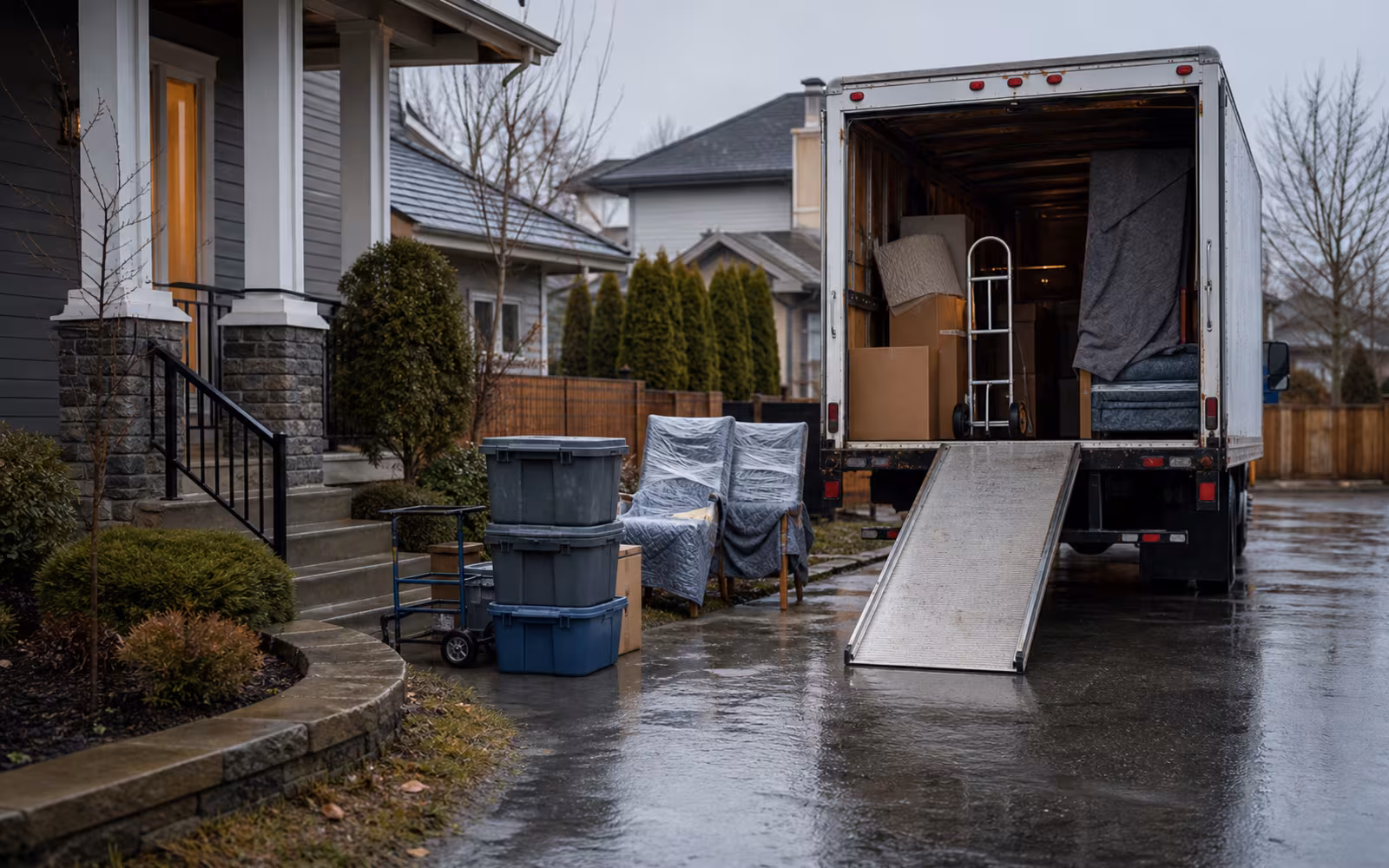 Canadian driveway with a moving truck and packed bins in light rain representing portable mortgage timing windows.