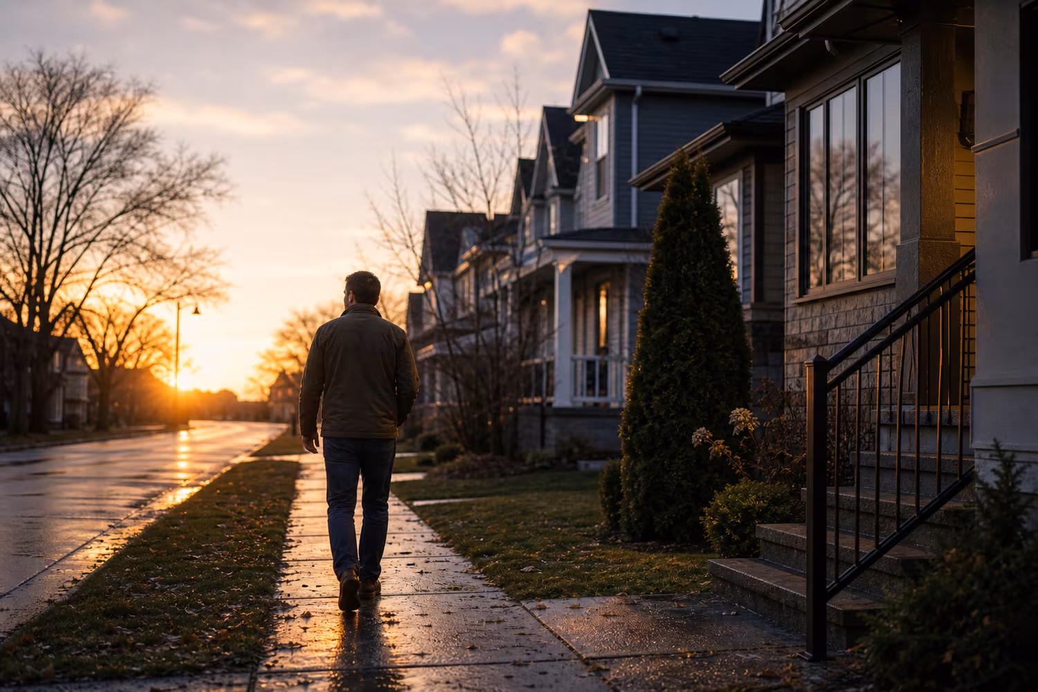 Homeowner walking through a Canadian neighbourhood after rain toward brighter morning light.