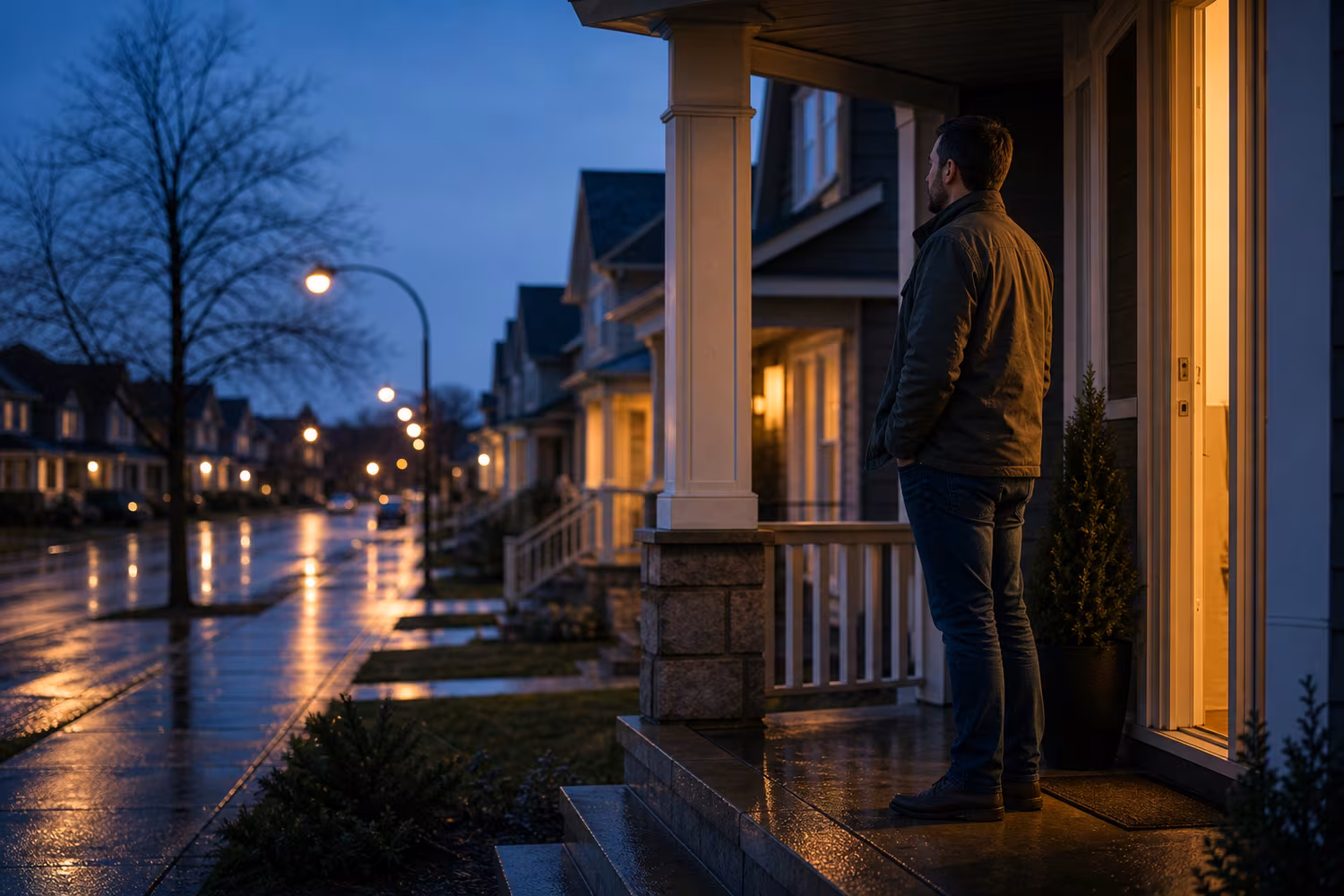 Homeowner standing on a covered porch after rain while considering a short-term mortgage path.