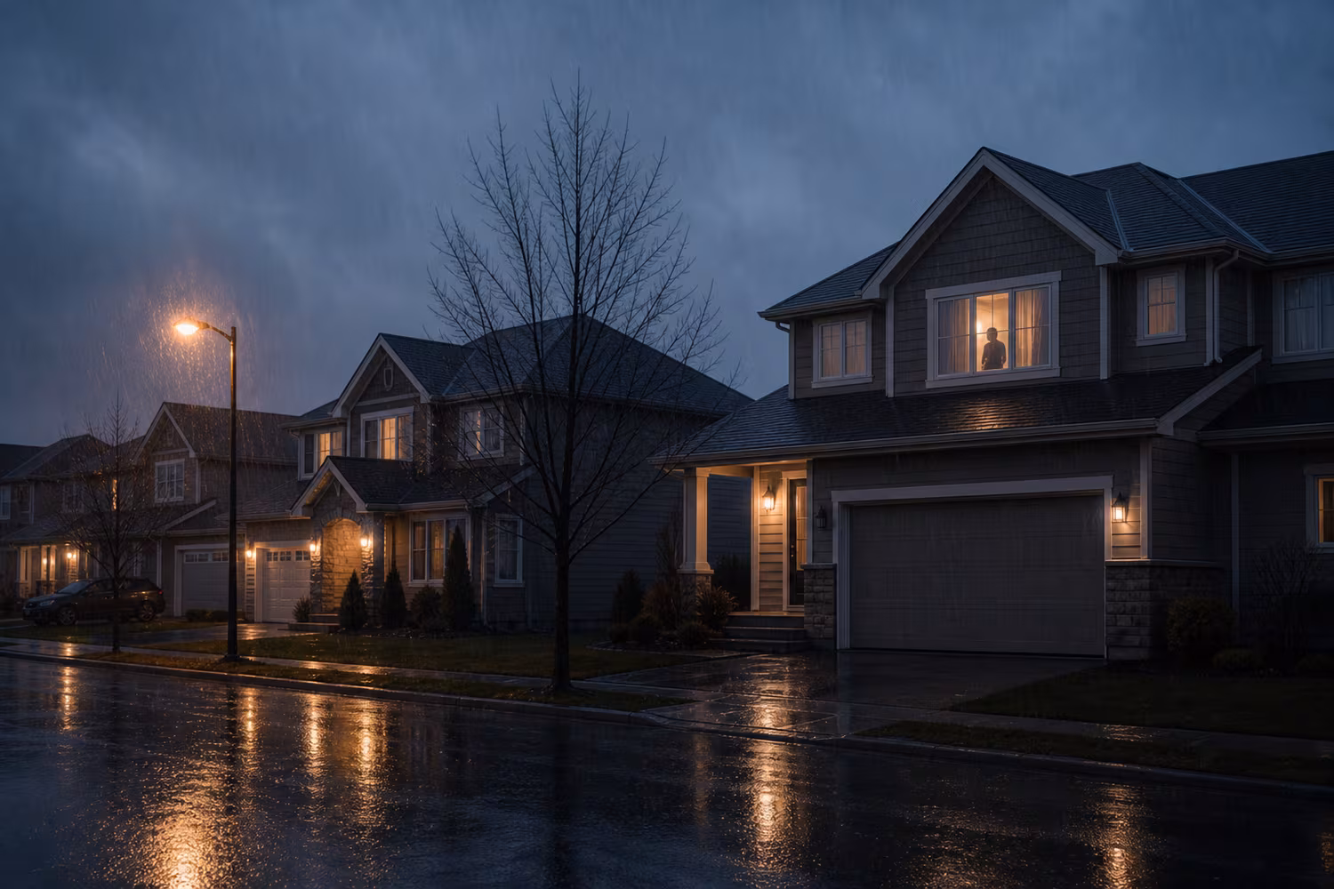 Rainy Canadian home exterior with a quiet window silhouette representing private lending risk.
