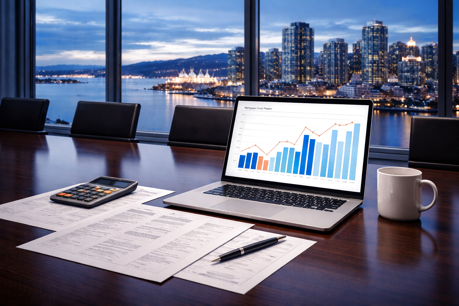 Mortgage planning desk with calculator, documents, and a laptop chart overlooking a city skyline at dusk