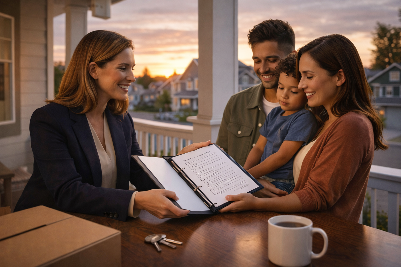 Mortgage advisor reviewing an exit checklist with a couple and child on a suburban porch at sunset