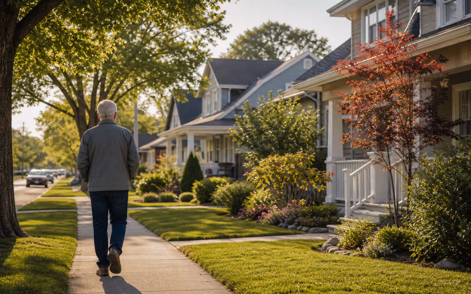 Older homeowner walking through a Canadian neighbourhood while comparing reverse mortgage alternatives.