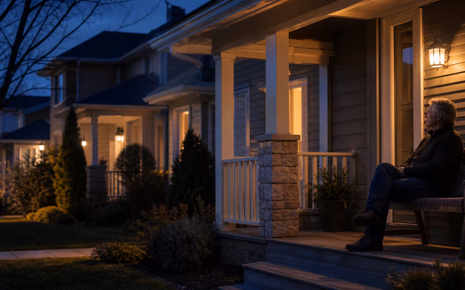 Older homeowner sitting on a porch at dusk while weighing reverse mortgage compounding interest.