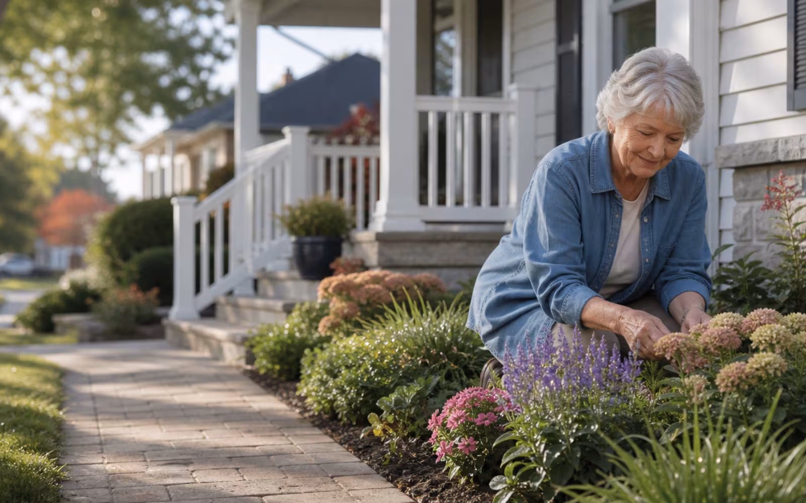 Older homeowner tending a front garden beside a Canadian home while considering reverse mortgage eligibility.