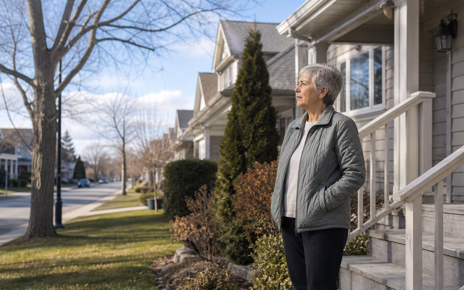 Older homeowner standing near front steps while considering whether a reverse mortgage fits long-term plans.