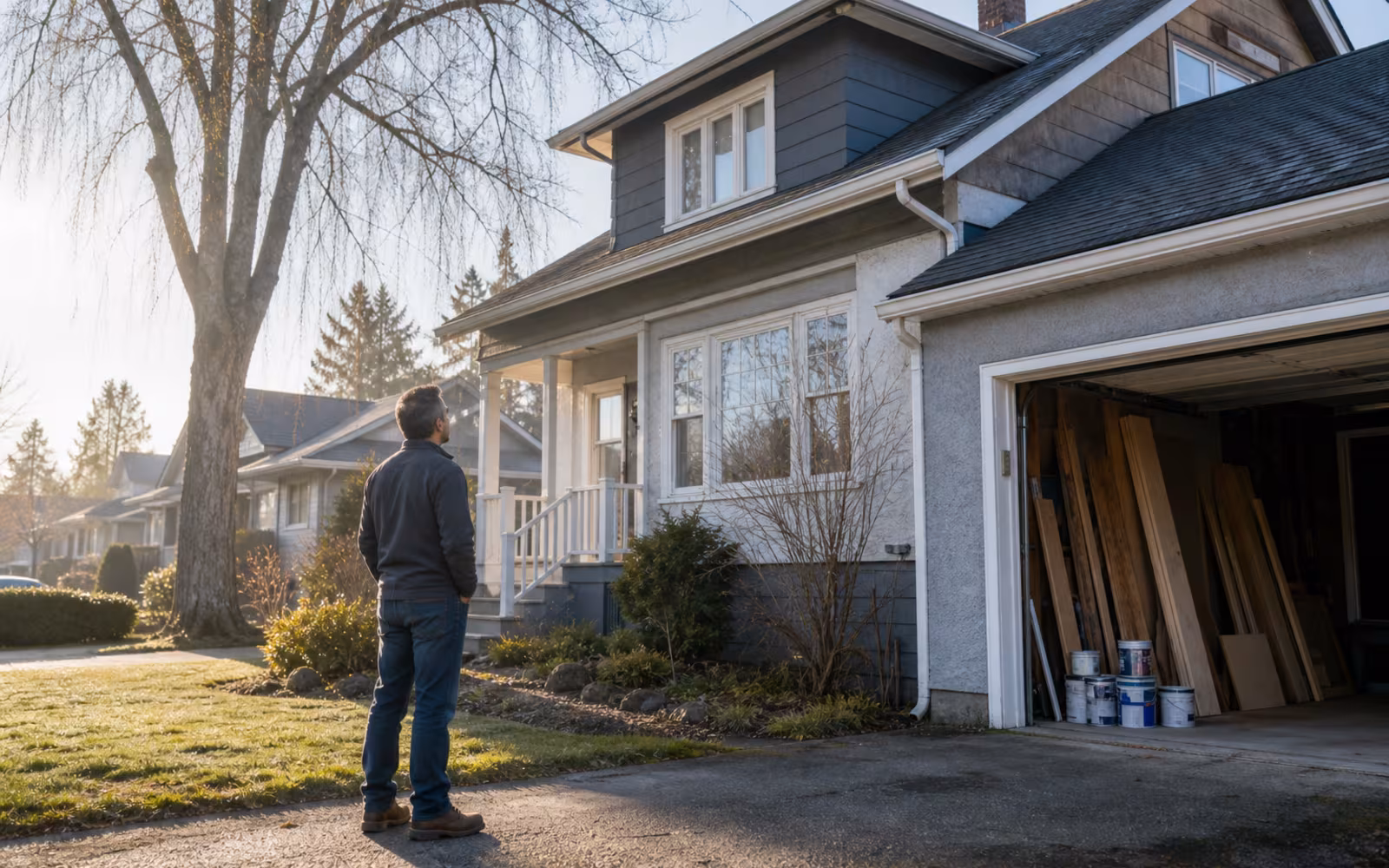 Homeowner looking at a Canadian house and garage materials while considering a defined second mortgage purpose.
