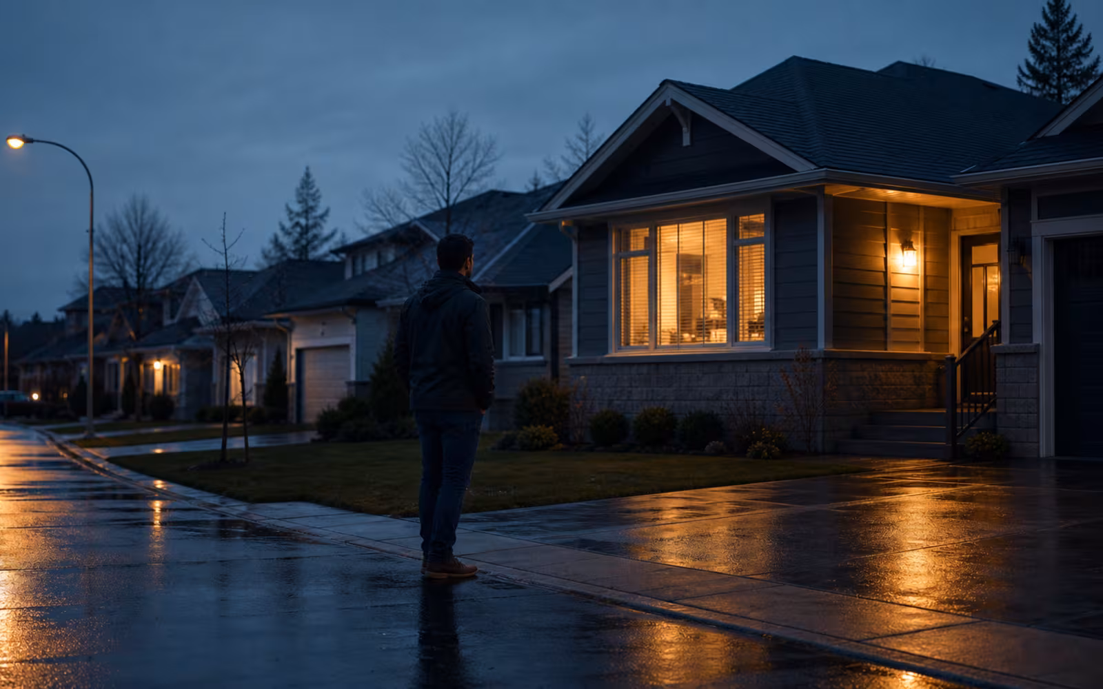 Homeowner standing near a Canadian home at dusk after rain while considering second mortgage payment pressure.