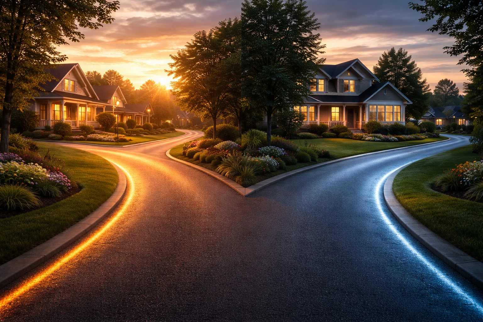 Two decision pathways at sunset illustrating second mortgage versus refinance direction