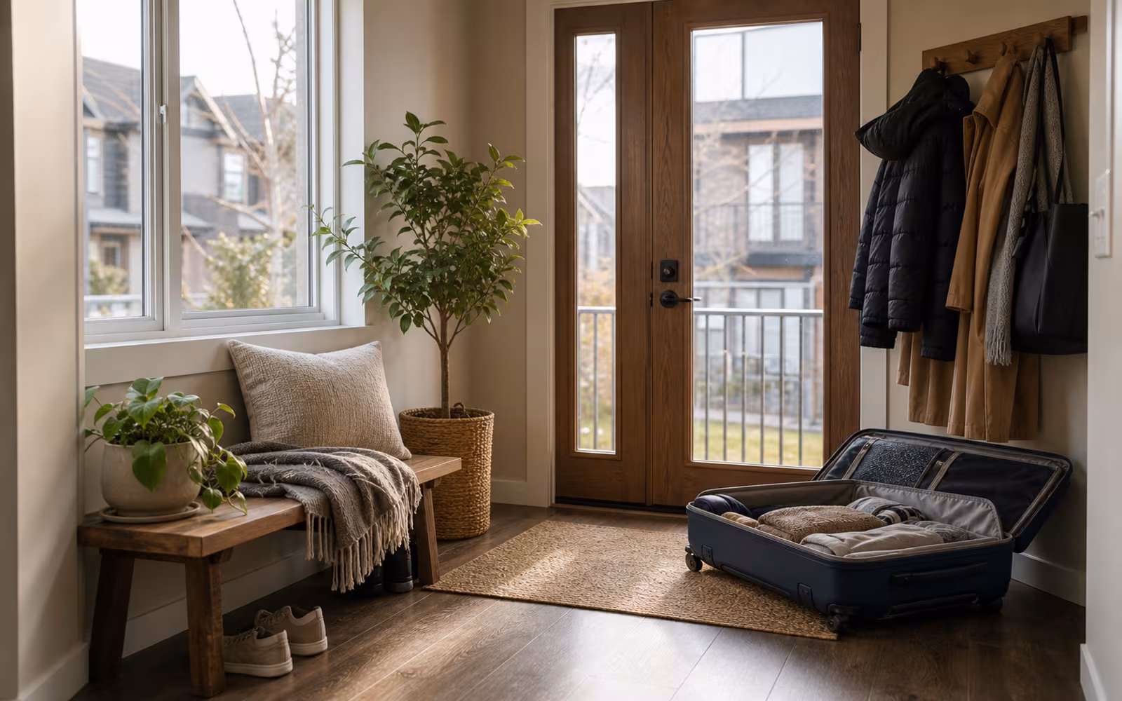 Canadian home entry with unpacked suitcases representing newcomer mortgage program planning.