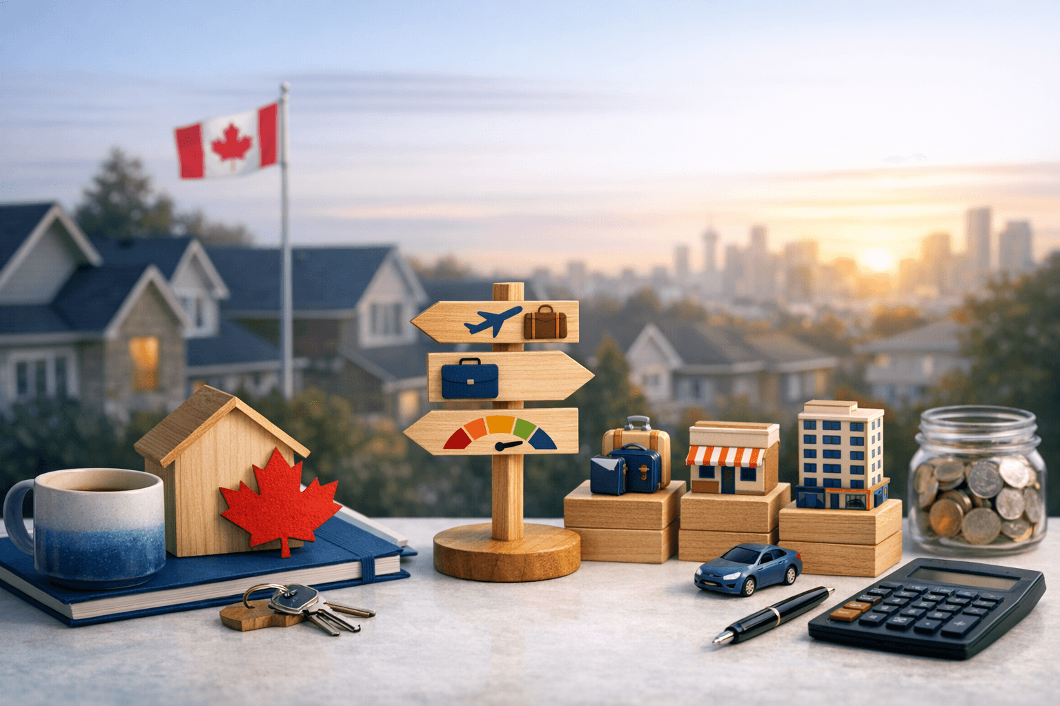 Canadian neighborhood at sunset with a laptop showing specialty mortgage pathways from A-lender to Alt-A to private