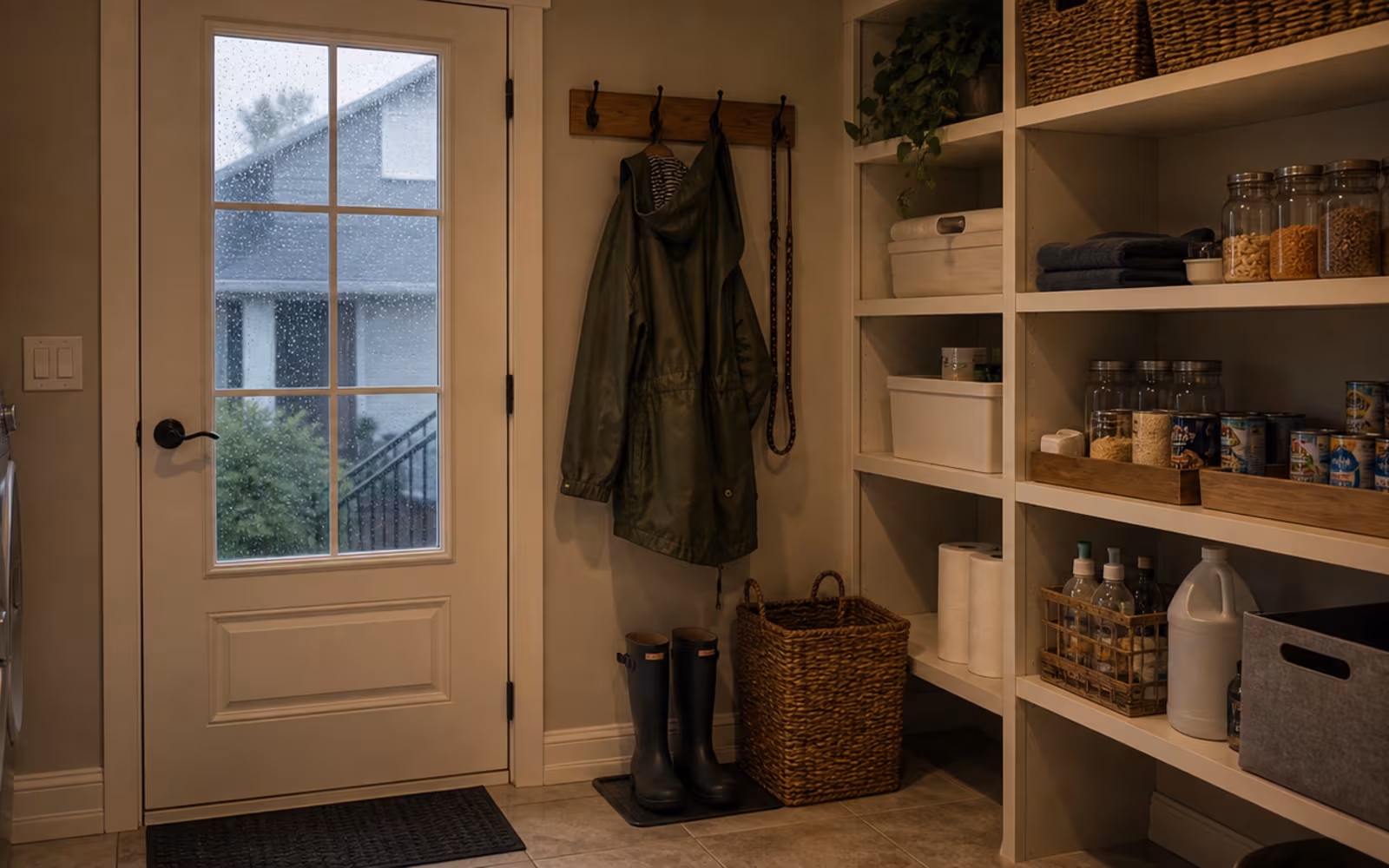 Organized Canadian home pantry and laundry area during rain representing cash-flow buffer for a variable mortgage.