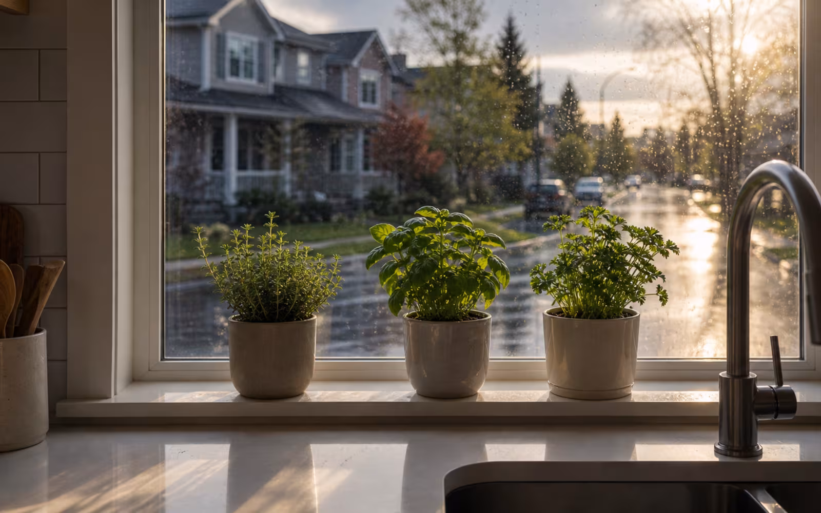Kitchen window with herbs after rain representing fixed, variable, and hybrid mortgage options.