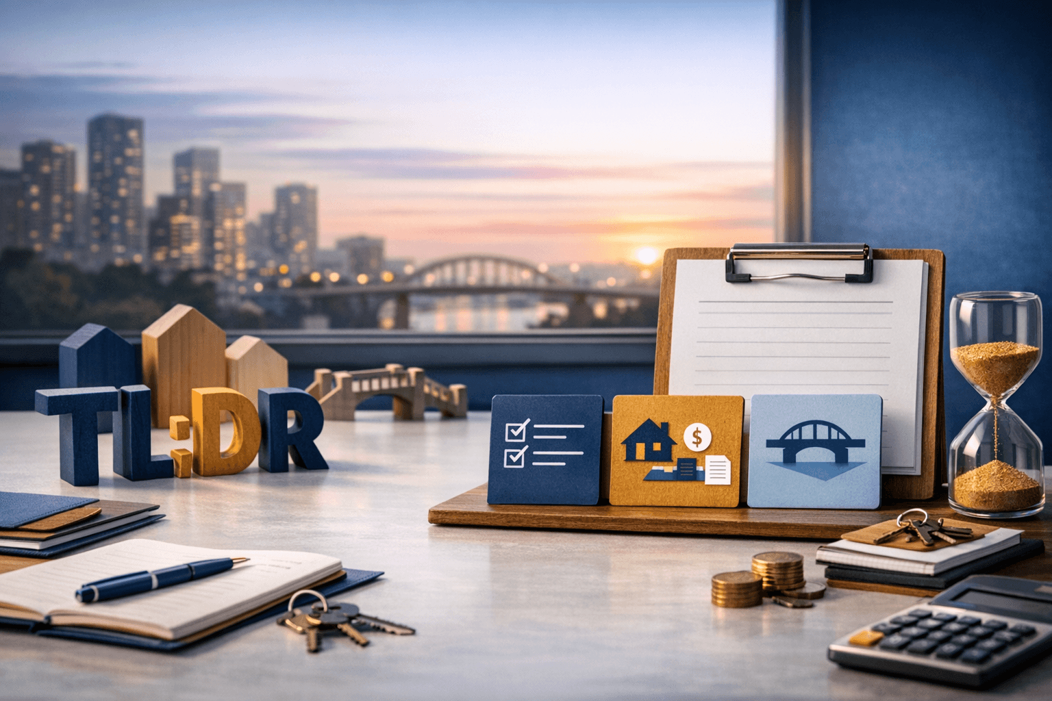 Bridge financing planning workspace with purchase agreement, calculator, keys, and laptop timeline chart at sunset