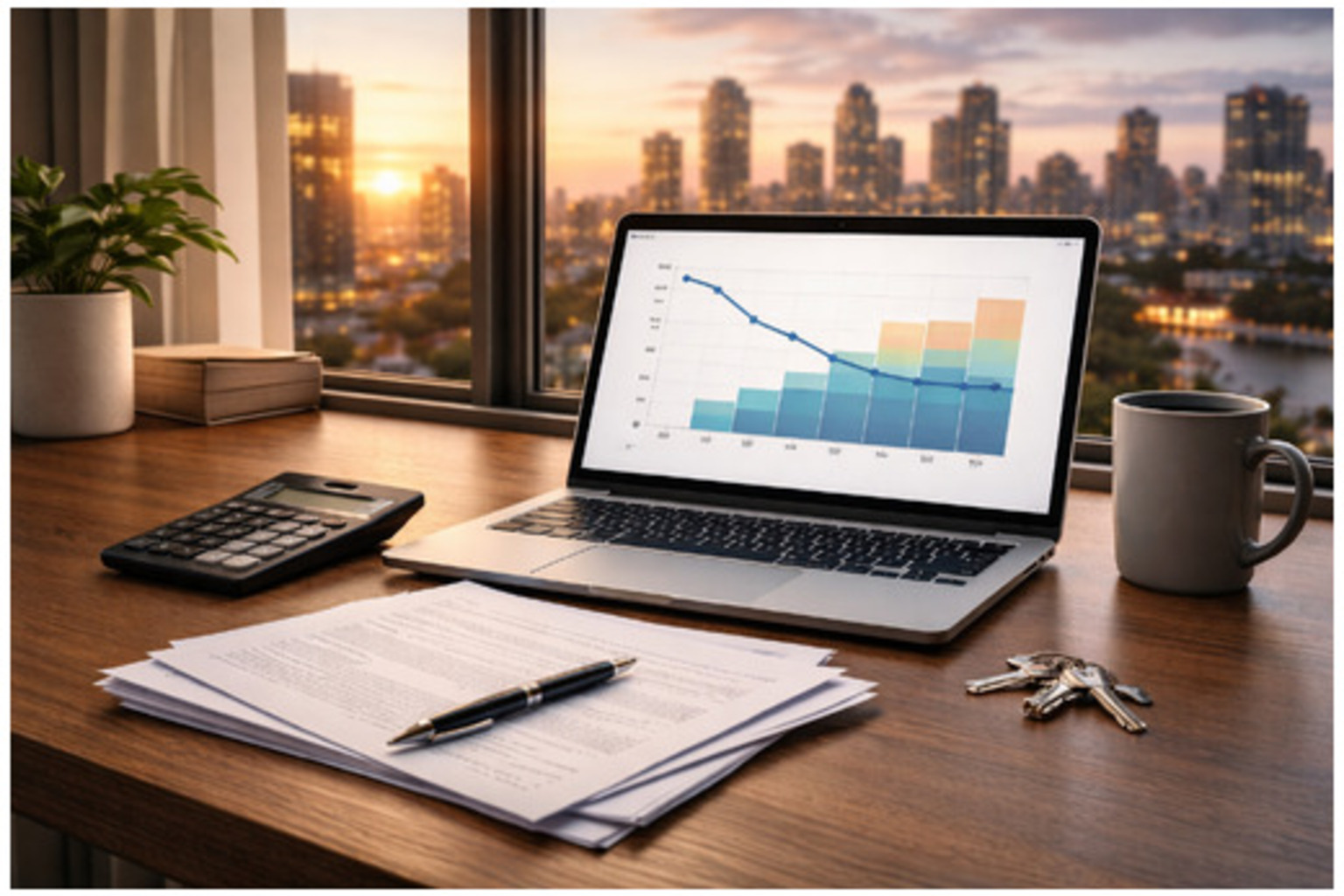 Mortgage document stack and refinance planning workspace at sunset in Canada