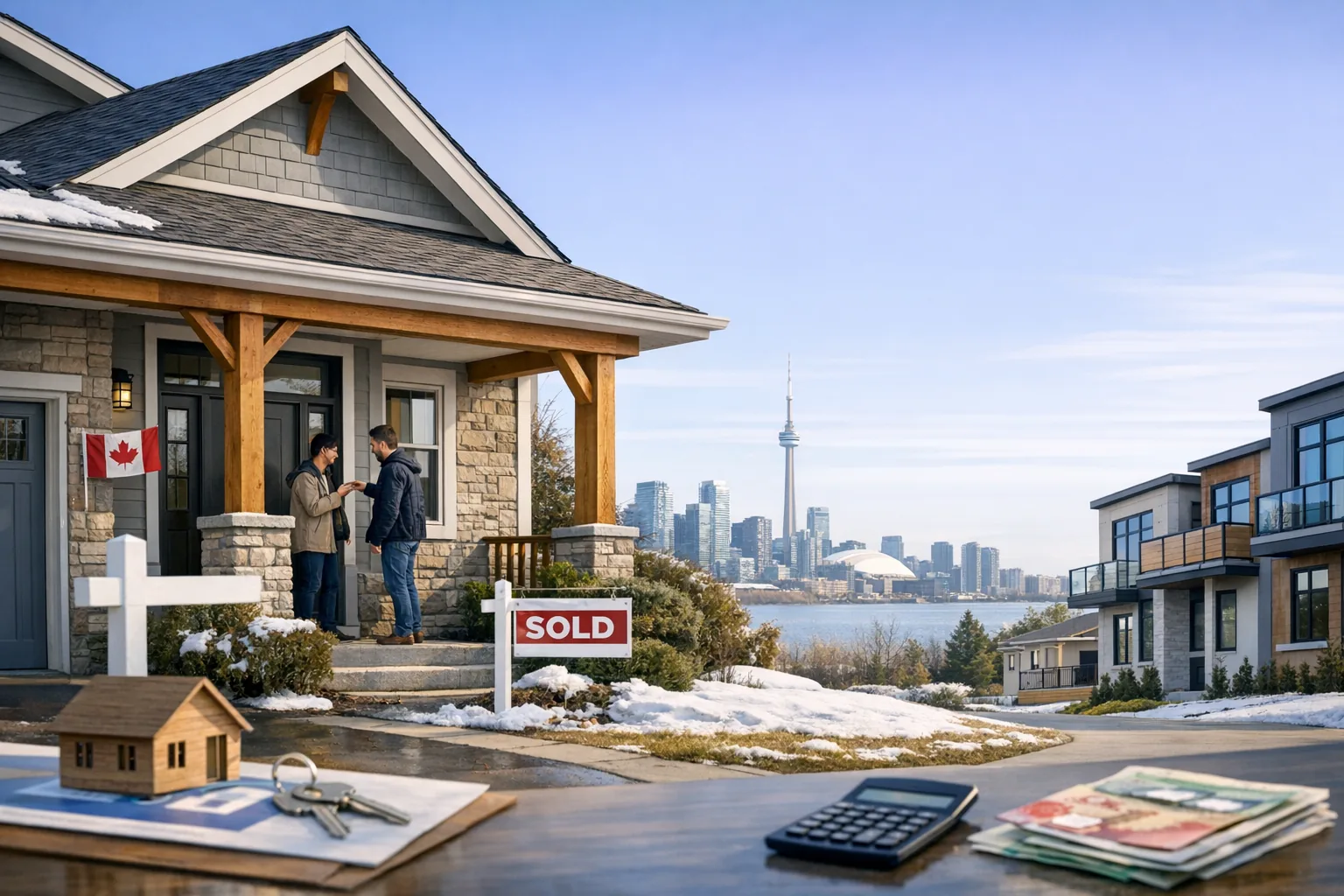 Happy first-time home buyer couple receiving keys at a new home in Canada