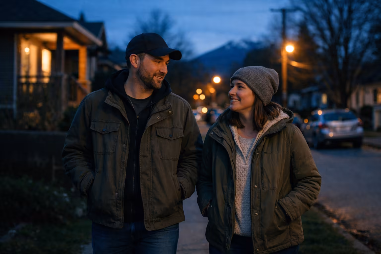 Canadian homebuyers walking through a residential neighbourhood at dusk while planning a home purchase