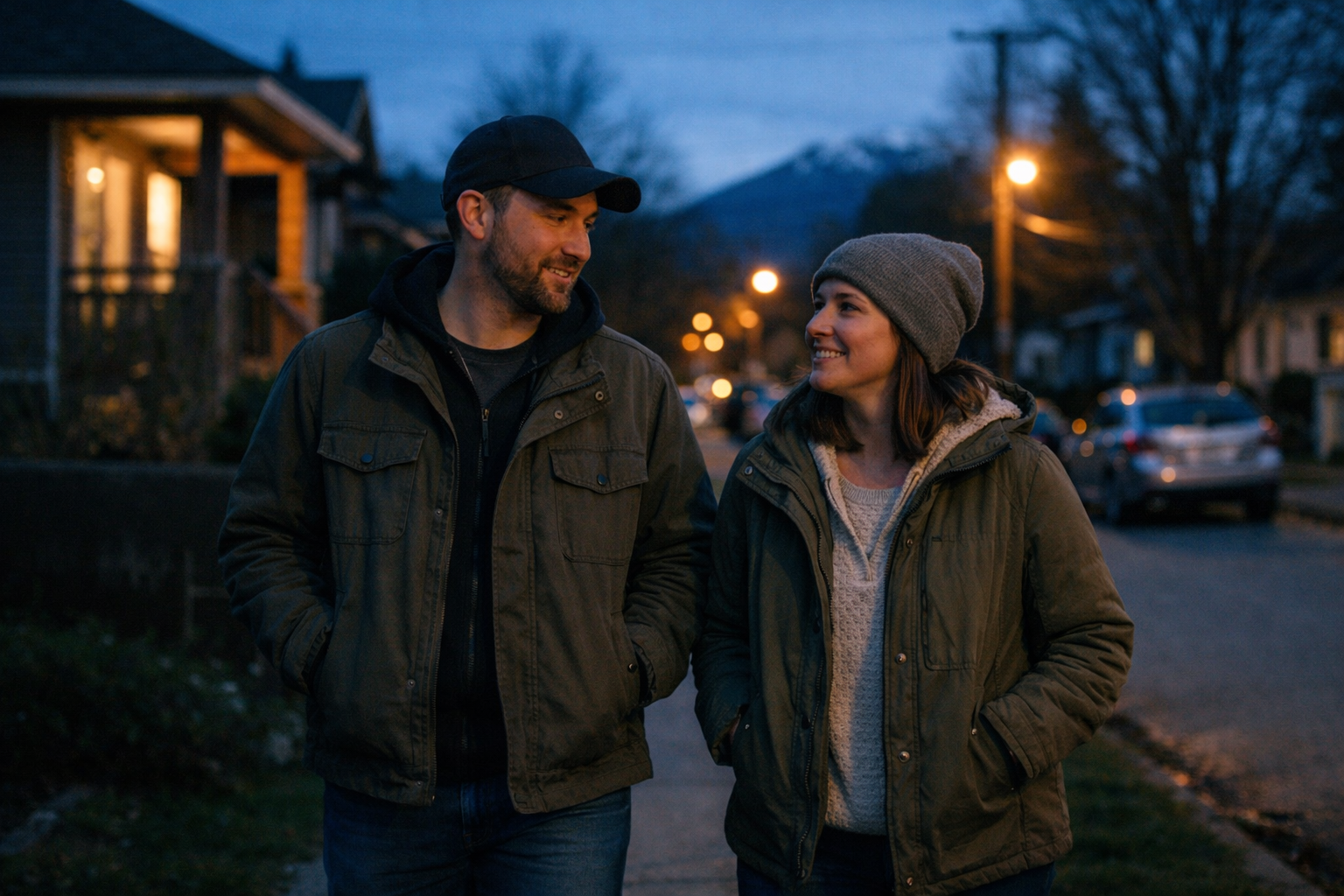 Canadian homebuyers walking through a residential neighbourhood at dusk while planning a home purchase
