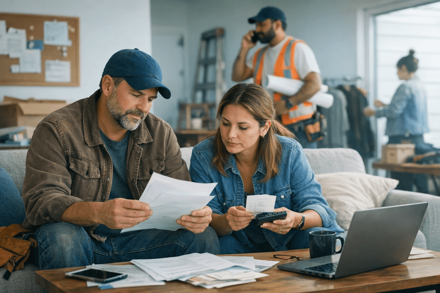 Mortgage advisor and entrepreneur reviewing self-employed income documents beside laptop at sunset