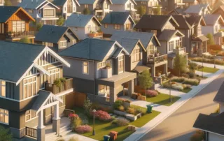 Illustration of a peaceful suburban neighborhood in Canada, showcasing diverse modern houses, symbolizing the dynamic Canadian housing market post-mortgage stress test changes.