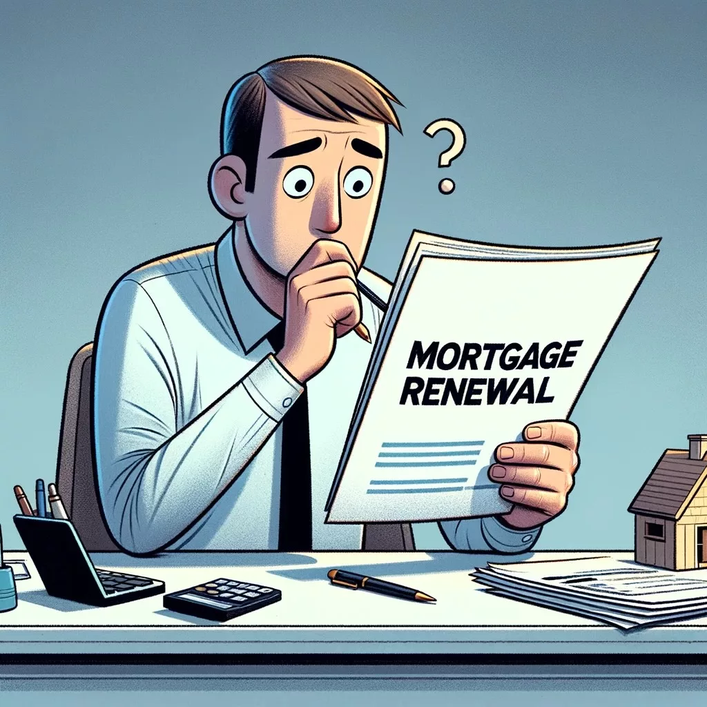 An anxious borrower is seen contemplating a mortgage deselection notice at a desk with financial tools and documents