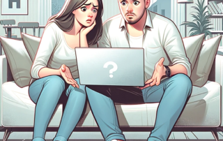 A perplexed couple sitting in a modern living room, looking at a blank laptop screen, symbolizing their struggle with calculating the IRD penalty in a mortgage scenario.
