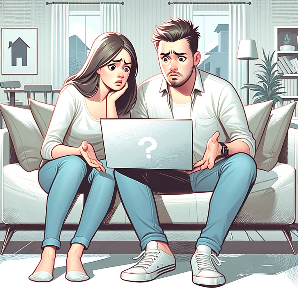 A perplexed couple sitting in a modern living room, looking at a blank laptop screen, symbolizing their struggle with calculating the IRD penalty in a mortgage scenario.
